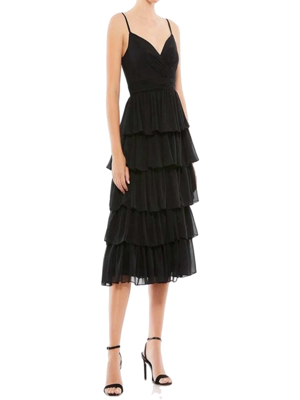 NWT IEENA for Mac Duggal $348 MSRP Solid Black Tiered Chiffon Midi Dress Size 2
